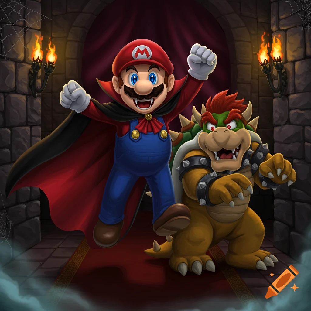 Mario dressed as a vampire, with fangs and a cape, excitedly poses next to a startled Bowser in a spooky castle hallway.
