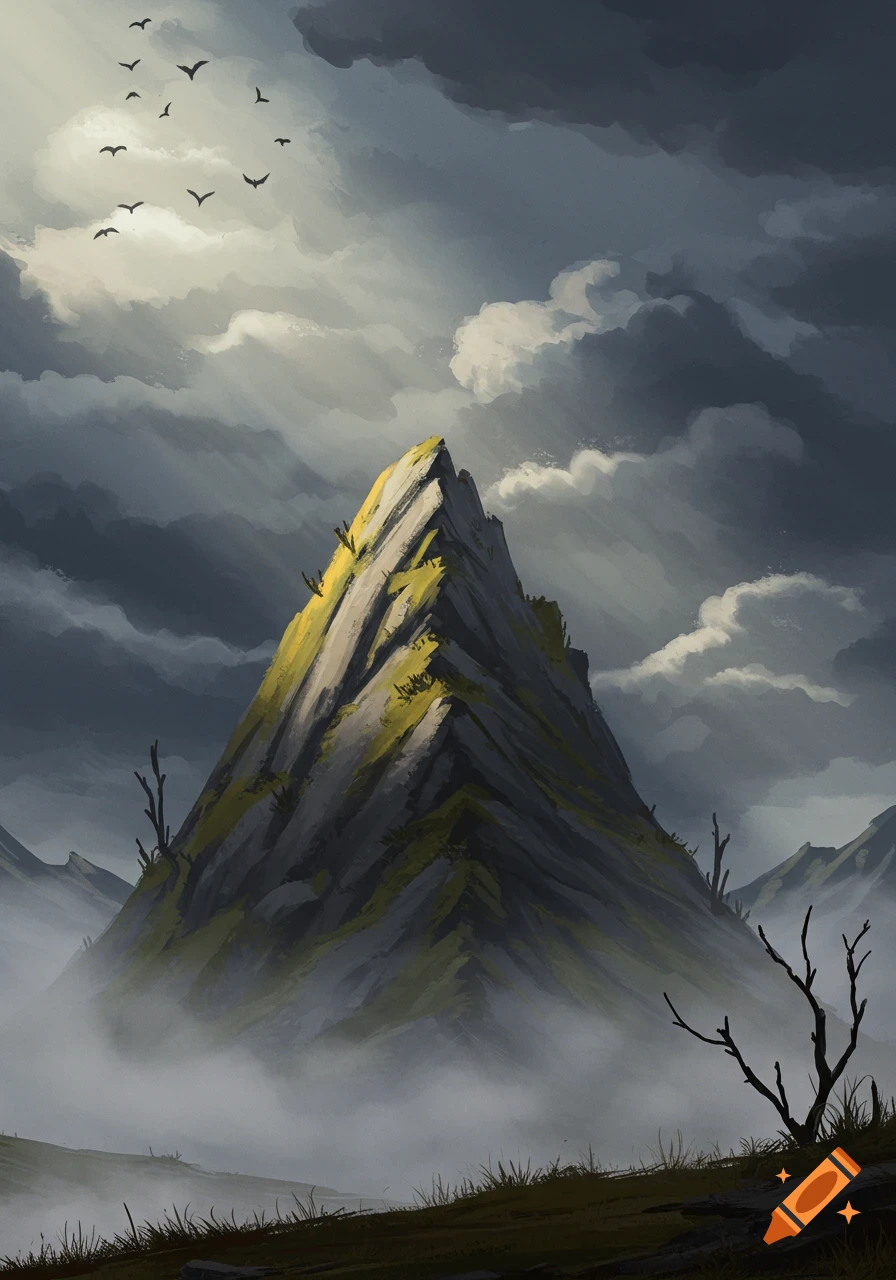 A stylized painting of a jagged mountain peak under a dark, cloudy sky with sun rays breaking through, surrounded by mist and bare trees. Birds fly above.