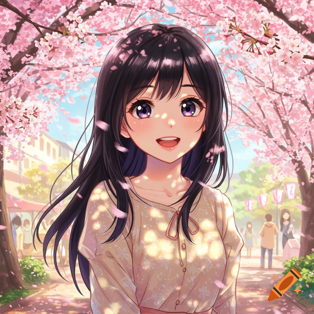 An anime girl with dark hair and purple eyes smiles under blooming cherry blossom trees.