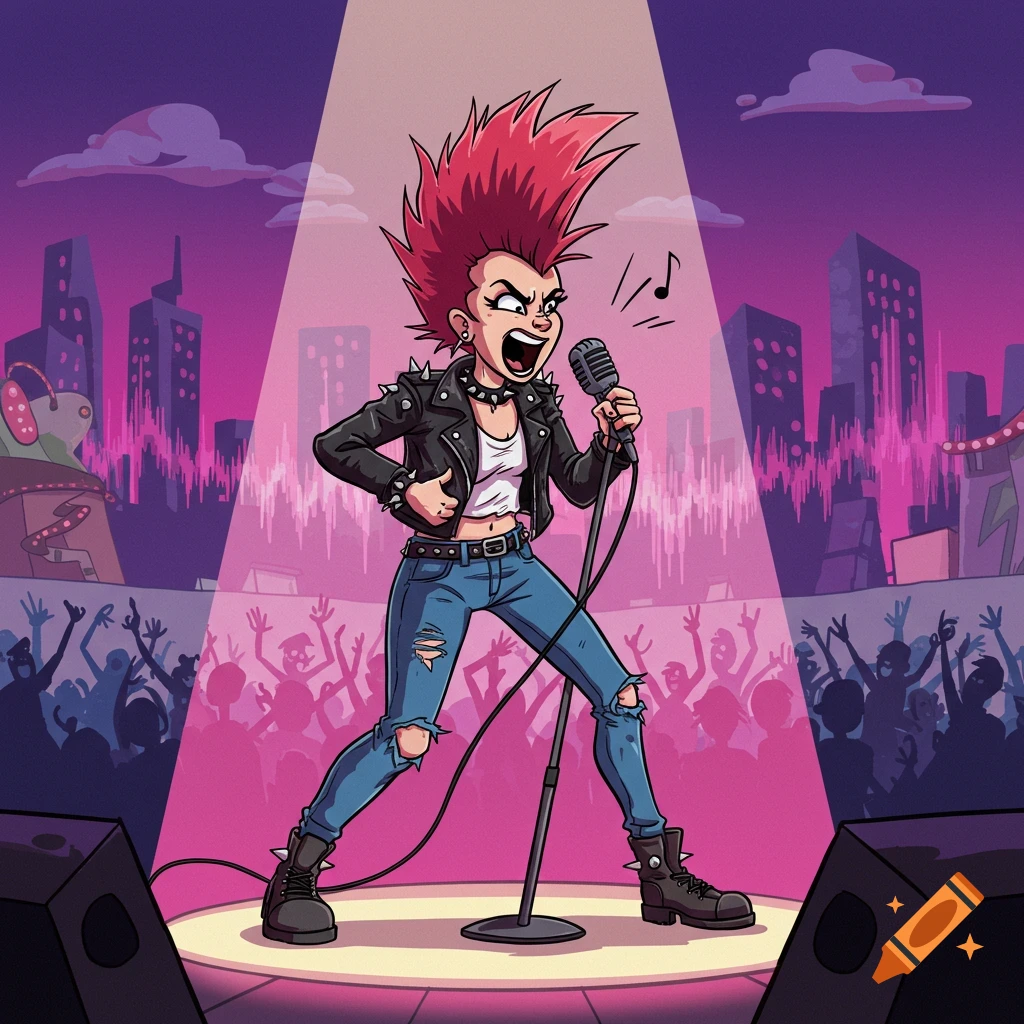 Cartoon of a female punk rock singer with a red mohawk performing on stage under a spotlight, with a city and crowd.