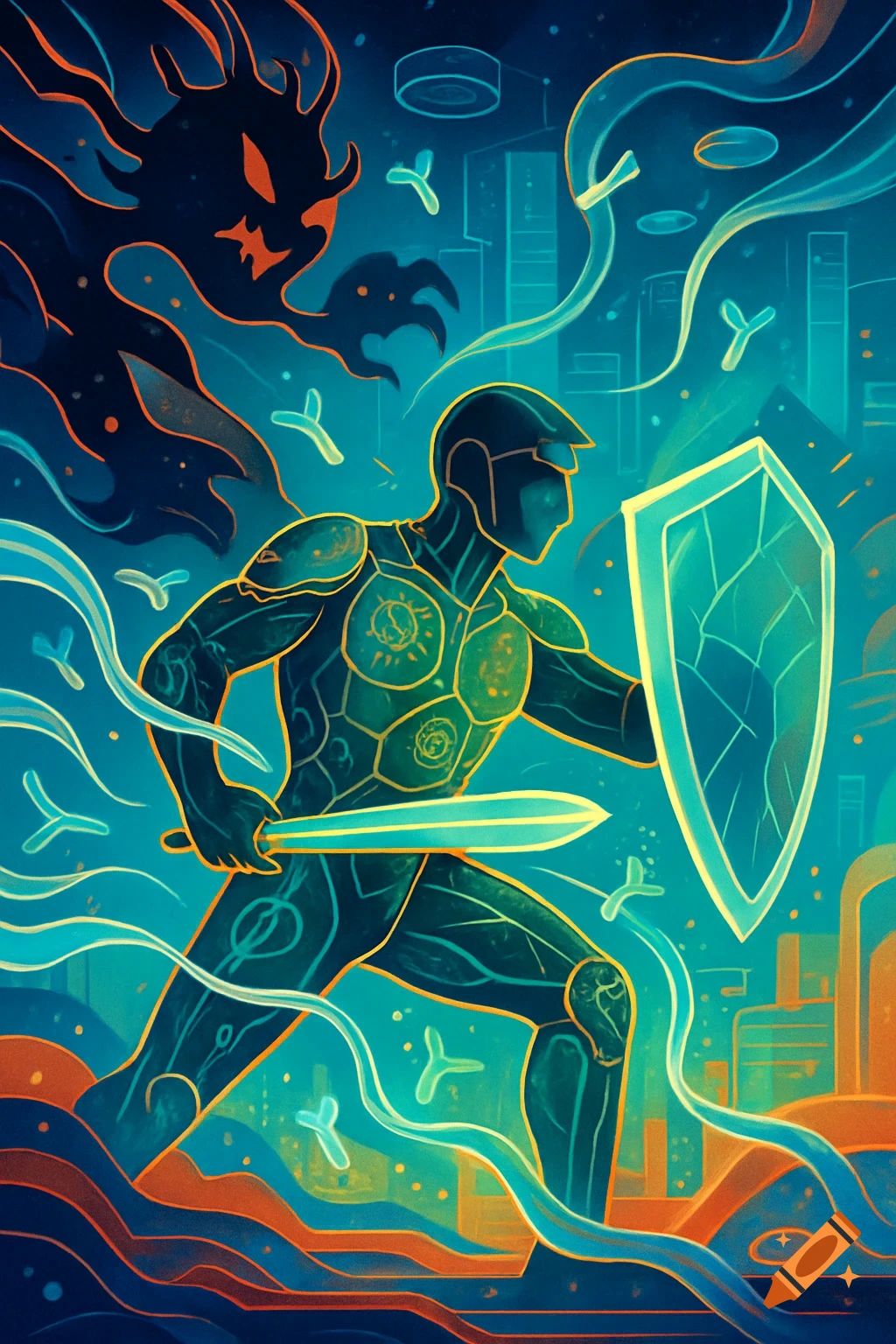 A stylized illustration of a glowing hero in armor, holding a sword and shield, battling a dark, shadowy monster. The scene is set against a teal and orange background with futuristic elements.