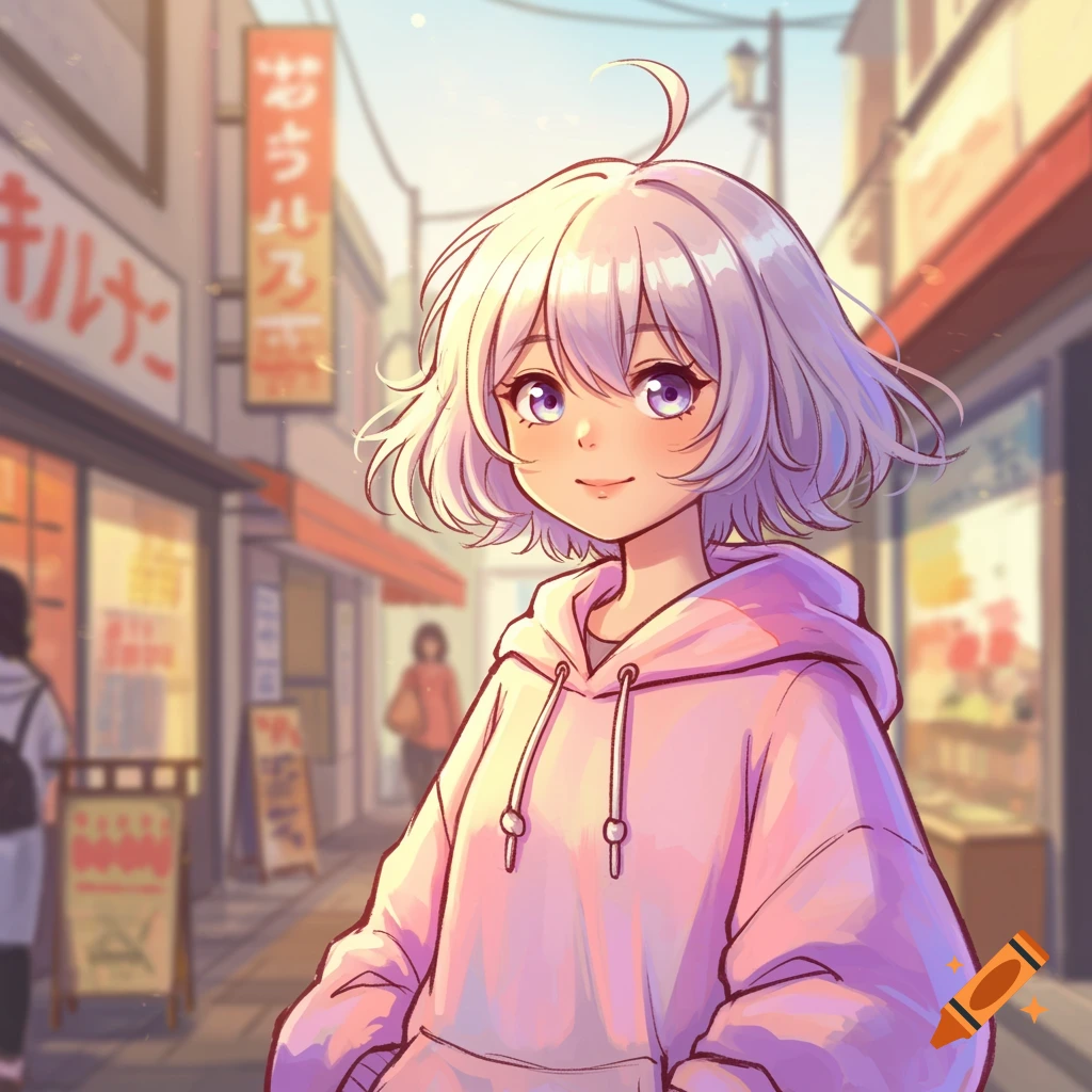 A vibrant manga-style digital sketch of a girl with short white hair wearing a pink oversized hoodie on a bustling street.