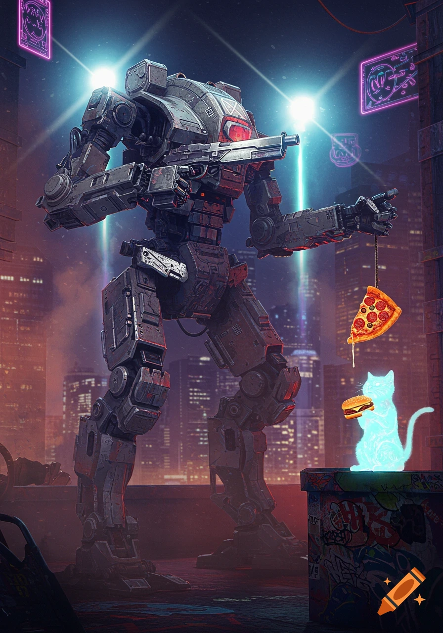 A large, detailed metal mech with a pistol holds a pizza slice on a string over a glowing blue cat holding a burger, in a cyberpunk city at night.