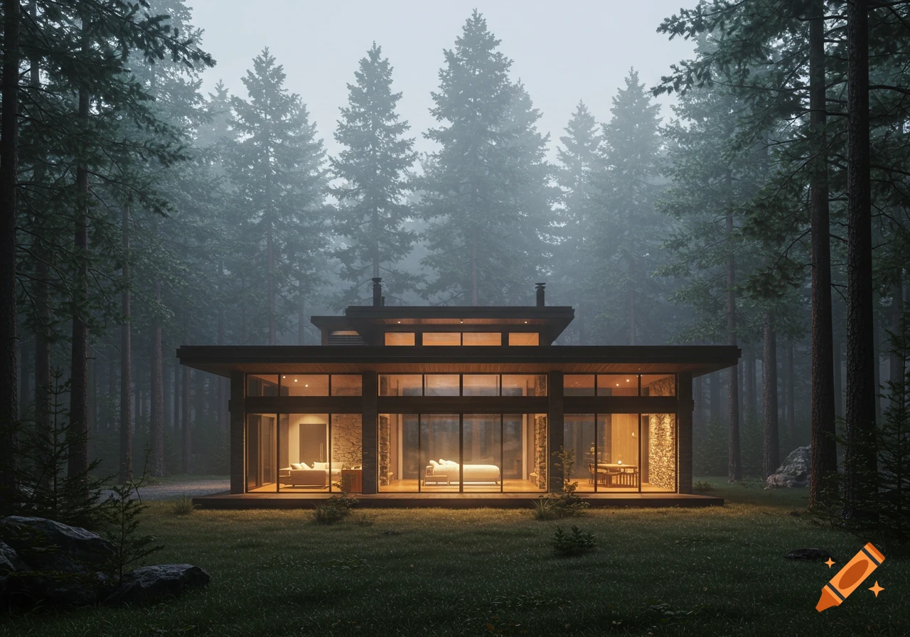 A modern house with glass walls and warm interior lighting sits secluded in a dense, misty evergreen forest.