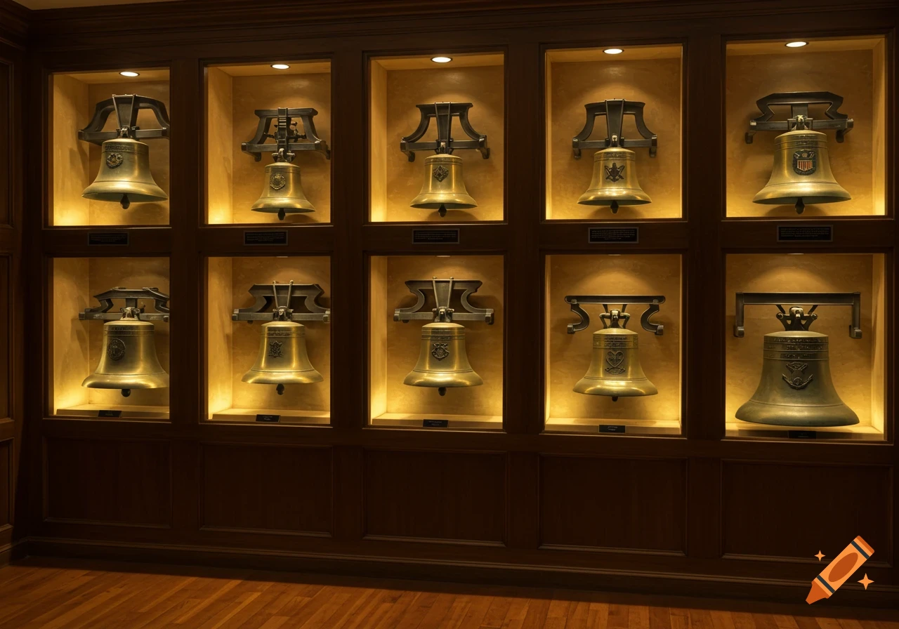 A wall with three rows of illuminated alcoves displaying antique brass U.S. Navy ships' bells of various sizes.