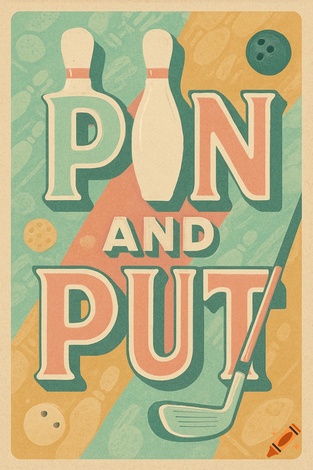 A vintage style poster with the words 'PIN AND PUT', featuring bowling pins, a bowling ball, a golf club, and a golf ball.