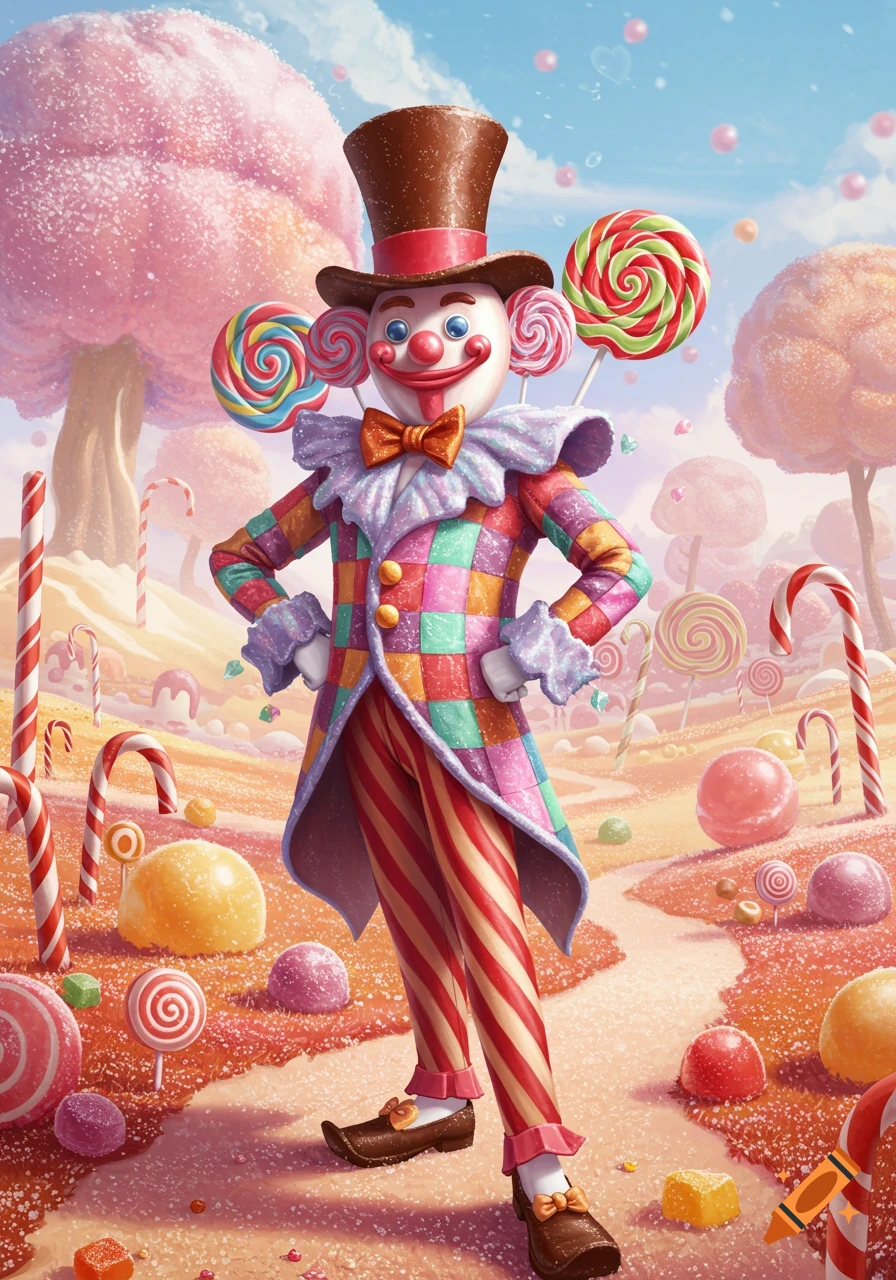 A whimsical candy man in a colorful checkered coat and striped pants stands in a bright fantasy landscape filled with oversized lollipops and sweets.