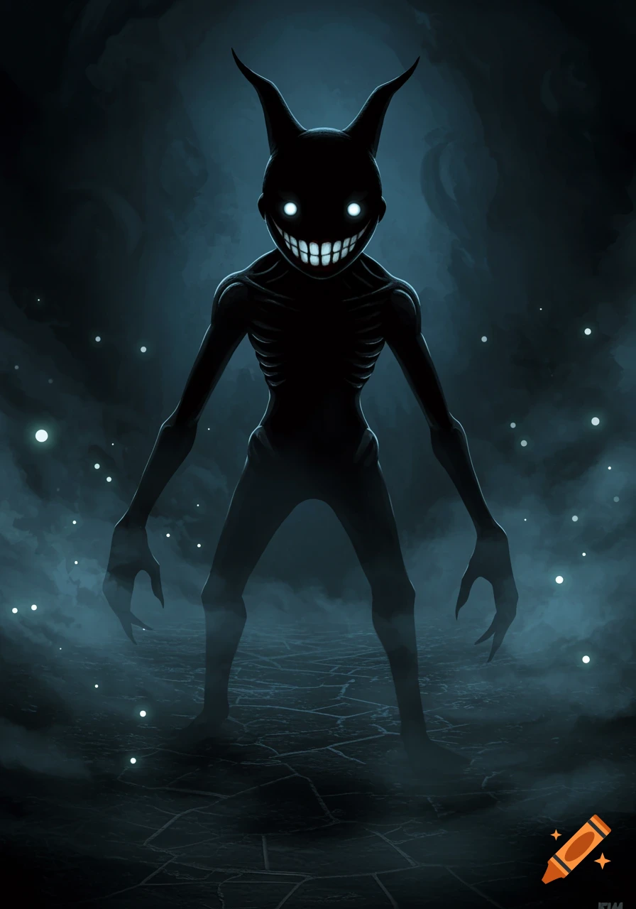 A shadowy, bipedal monster with a wide, eerie grin and glowing white eyes stands in a dark, misty environment.