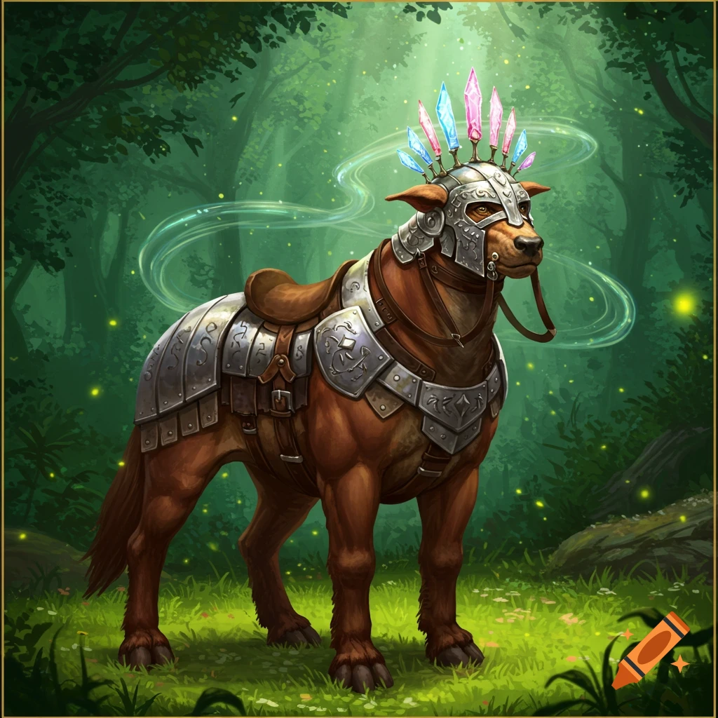 A brown horse-like creature wearing ornate silver barding and a helmet with glowing crystals stands in a lush green forest.
