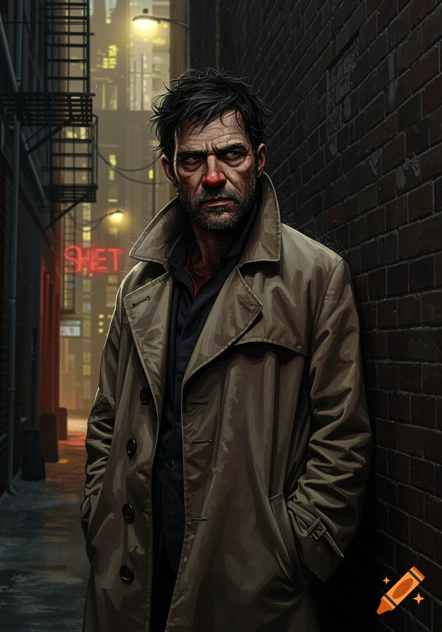 A scruffy, old detective with a red nose and trench coat stands in a dark urban alley with a neon sign.