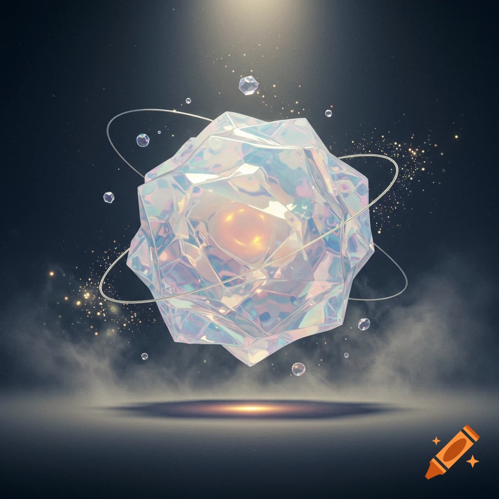 A glowing, multifaceted iridescent crystal object floats in a dark, smoky void, surrounded by rings and glittering particles.