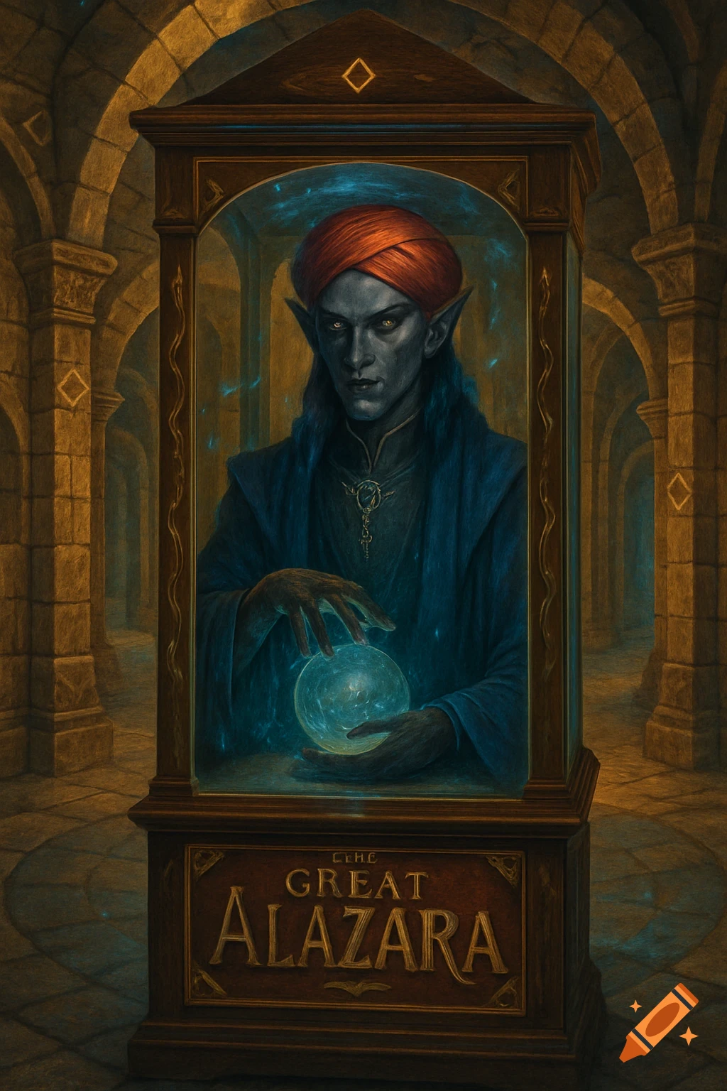A drow fortune teller in a red turban and blue robes holds a glowing orb inside a machine marked "The Great Alazara," set in a fantasy labyrinth. Magic the Gathering art style.