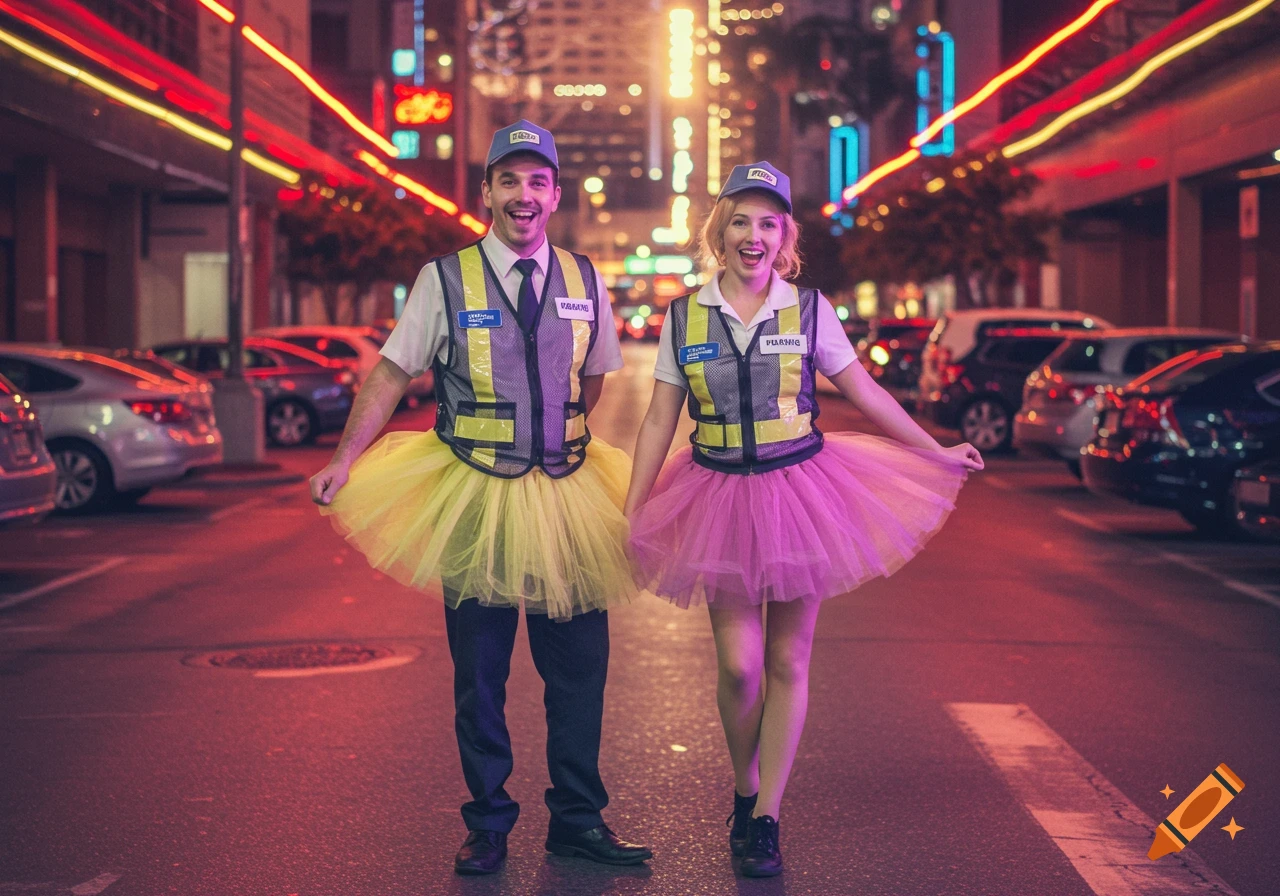 A male and female parking attendant in a city at night wear neon safety vests and colorful tutus, smiling.