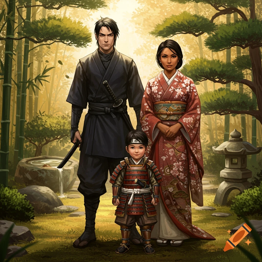 A drawing of a man in ninja attire, a woman in a kimono, and a boy in samurai armor standing in a bamboo forest.