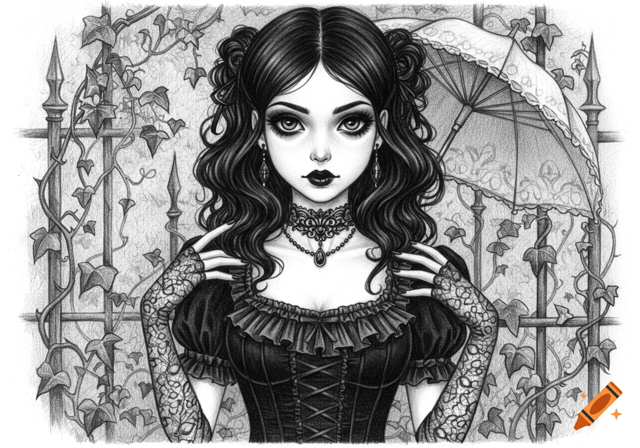 Pencil drawing of a gothic girl with dark hair, a corset dress, and lace gloves, standing in front of an ivy-covered fence with an umbrella.