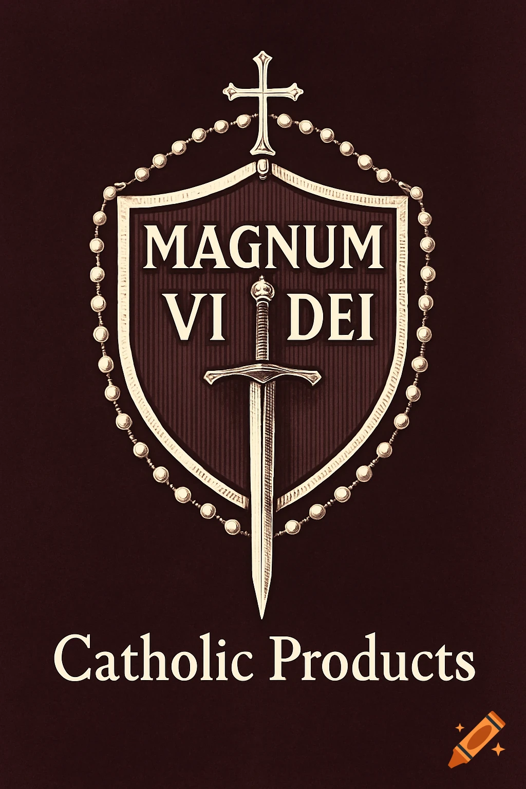 A cream-colored emblem on a deep maroon background featuring a shield with a sword, a rosary, and a crucifix, with the text 'MAGNUM VI DEI' and 'Catholic Products'.