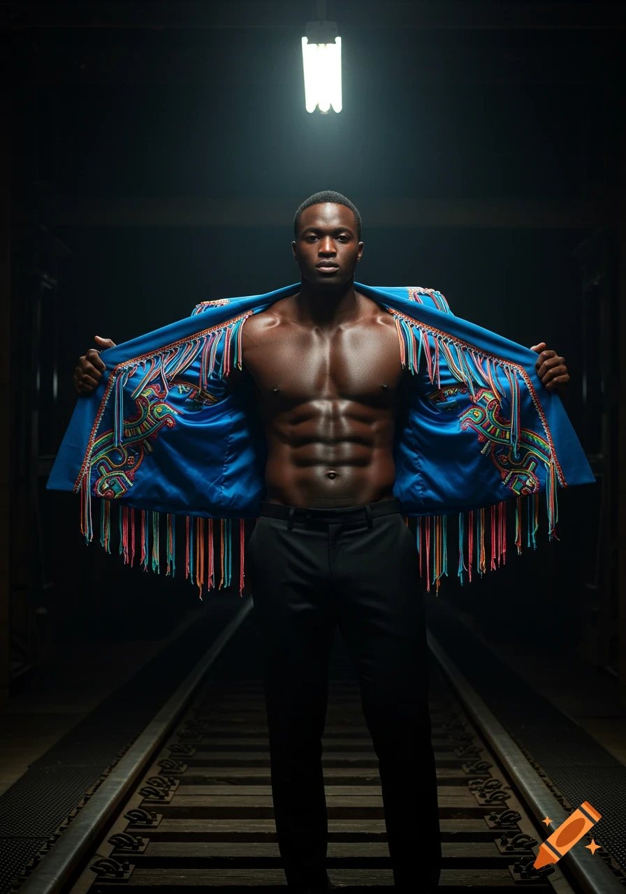 Photorealistic portrait of a muscular man opening a blue fringed jacket, standing on train tracks in a dark, dramatically lit room.