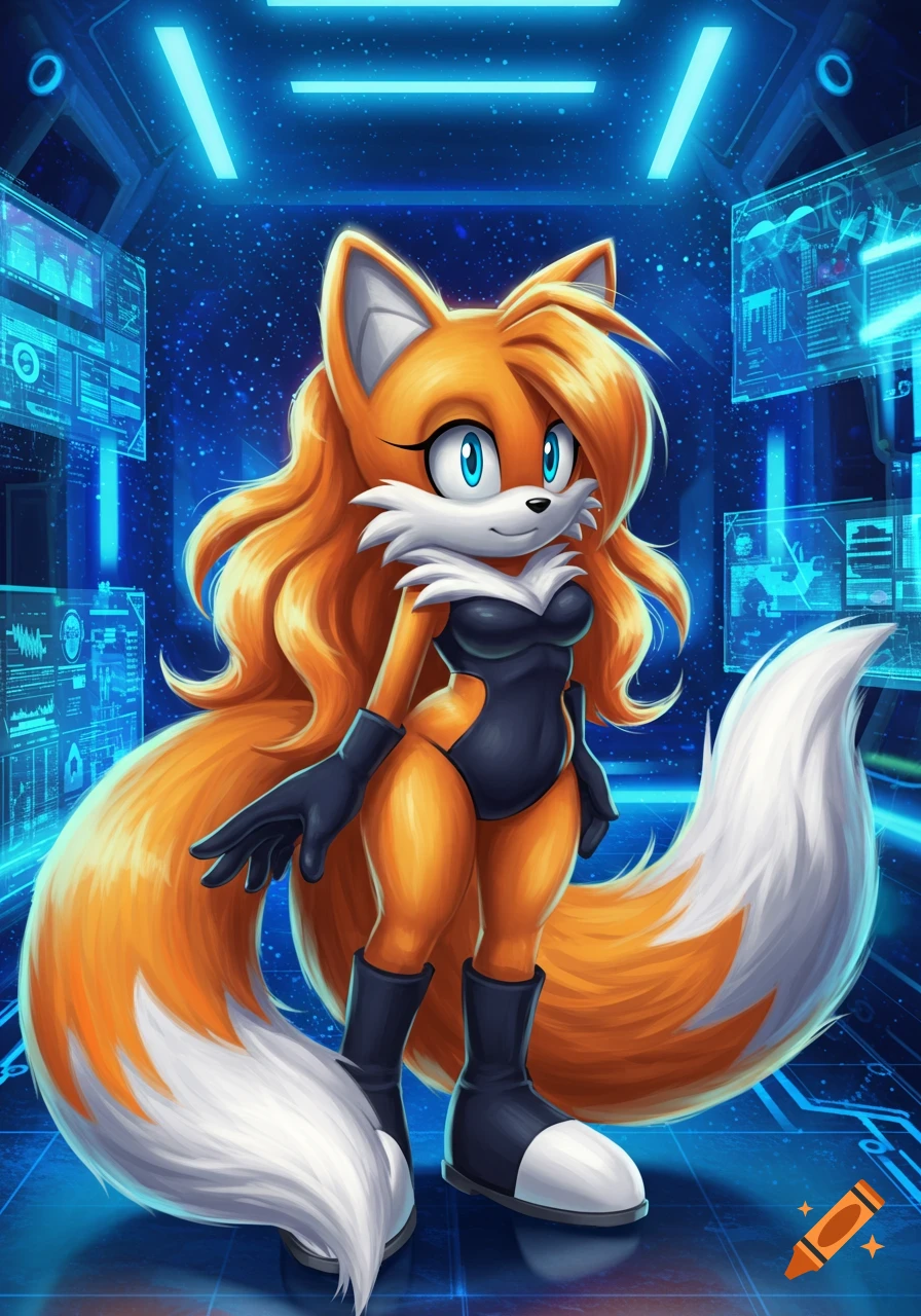 A curvy orange female fox, resembling Tails from Sonic, wears a black bodysuit and boots in a glowing blue futuristic tech room.