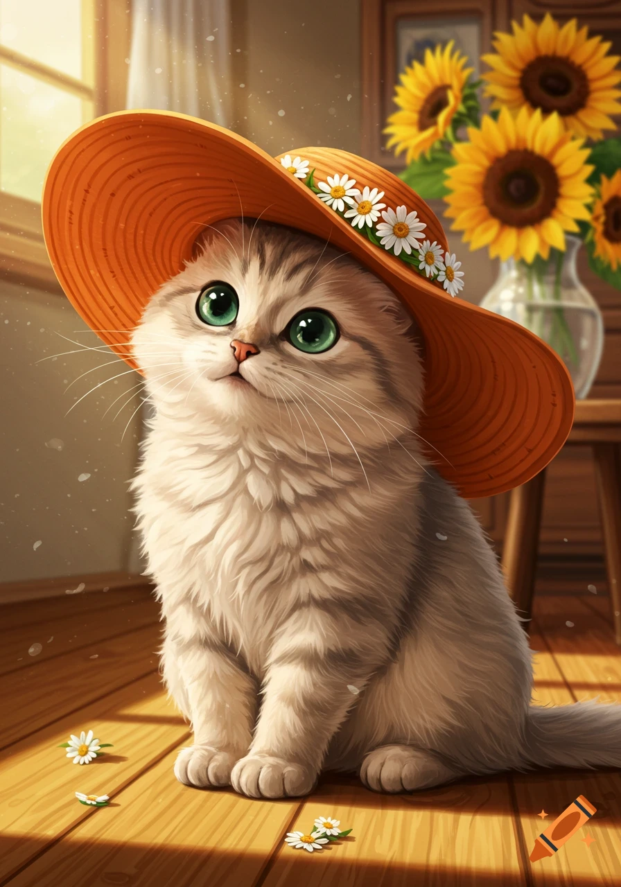 A fluffy cat with green eyes wears an orange straw hat with daisies, sitting on a sunlit wooden floor with sunflowers.