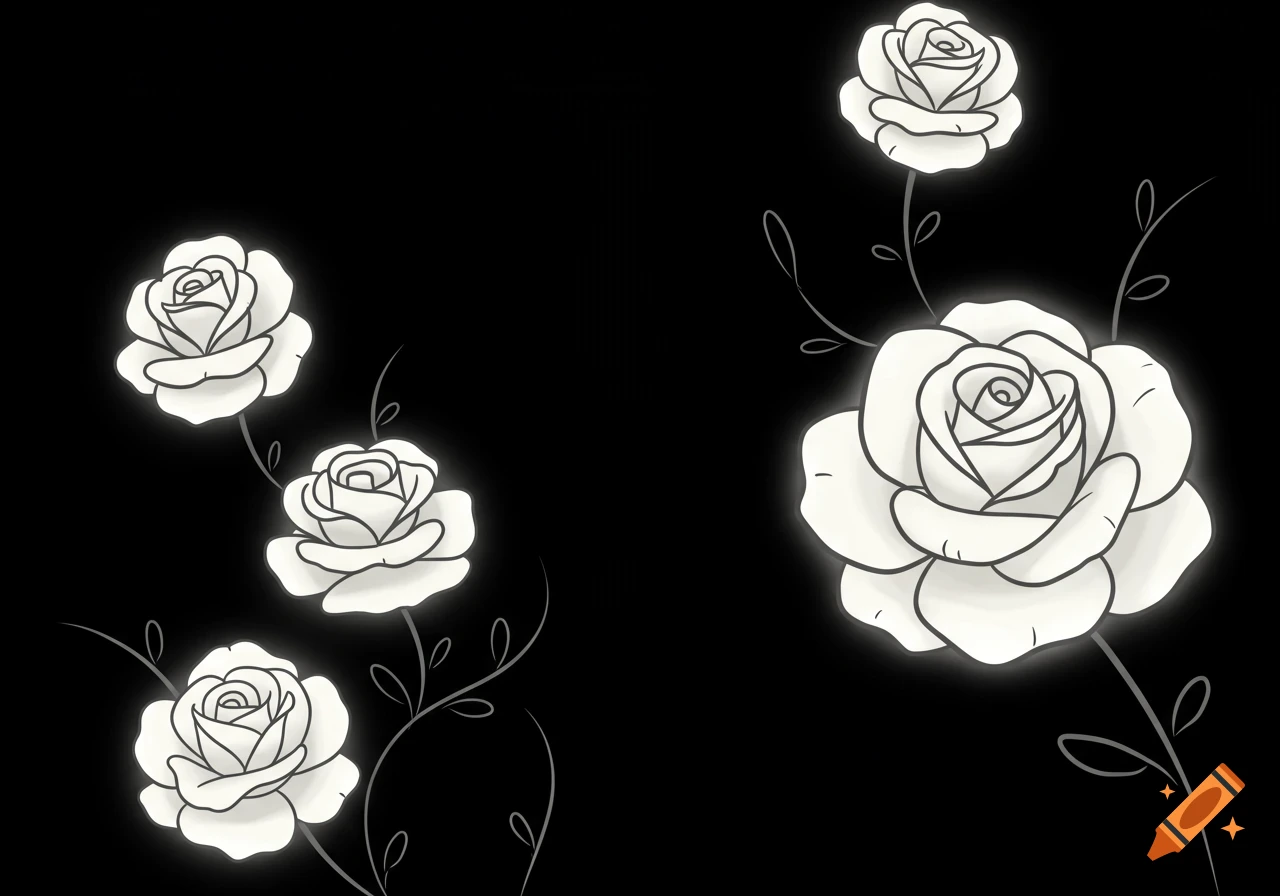 Cartoon illustration of several white roses with black outlines and gray shading on a black background.