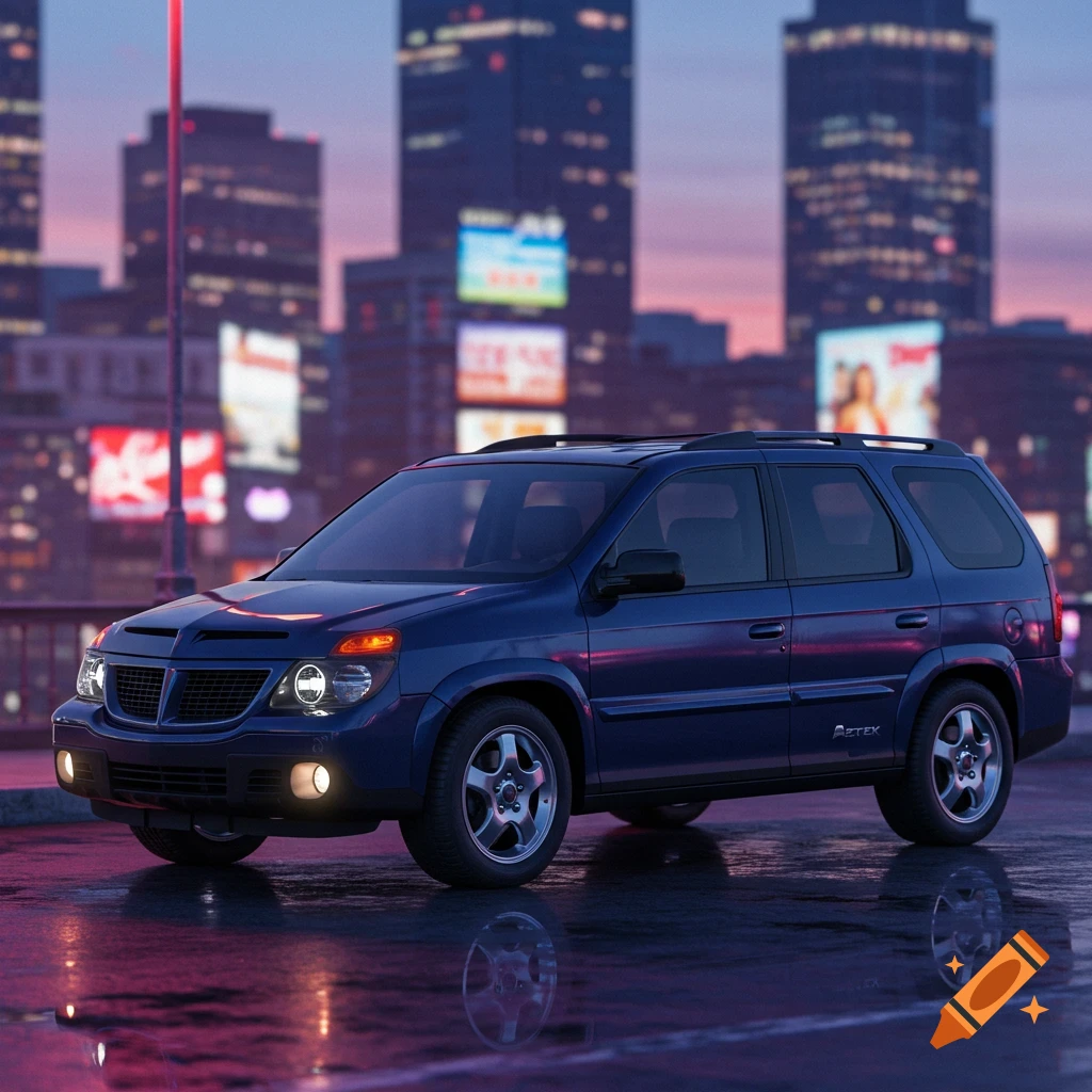 A dark blue Pontiac Aztek car parked on a wet city street at dusk, with blurred illuminated buildings in the background. Photorealistic style.