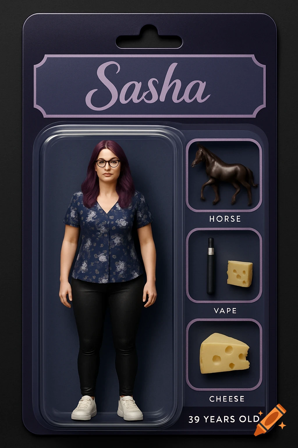 Photorealistic action figure of Sasha in a blister pack with accessories: a horse, vape, and cheese, labeled below each.