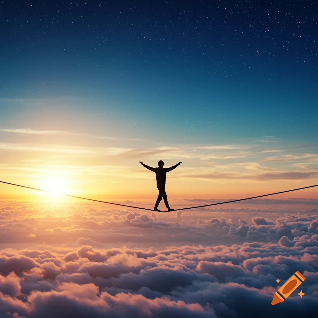 A silhouette of a person balancing on a tightrope above clouds at sunset, with a starry night sky above.