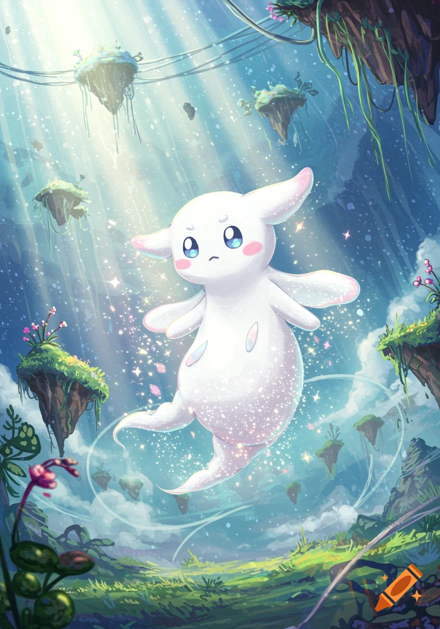 A cute white ghost-like creature with blue eyes floats among sparkling light and floating islands in a vibrant fantasy landscape, anime style.