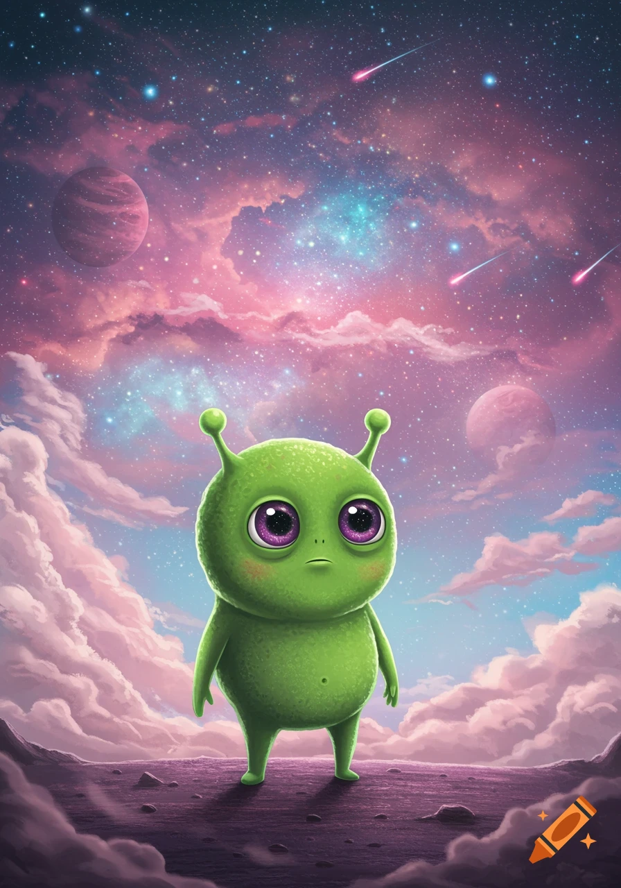 A cute green alien with large purple eyes stands on a rocky planet under a pink and purple nebula sky with stars and meteors.