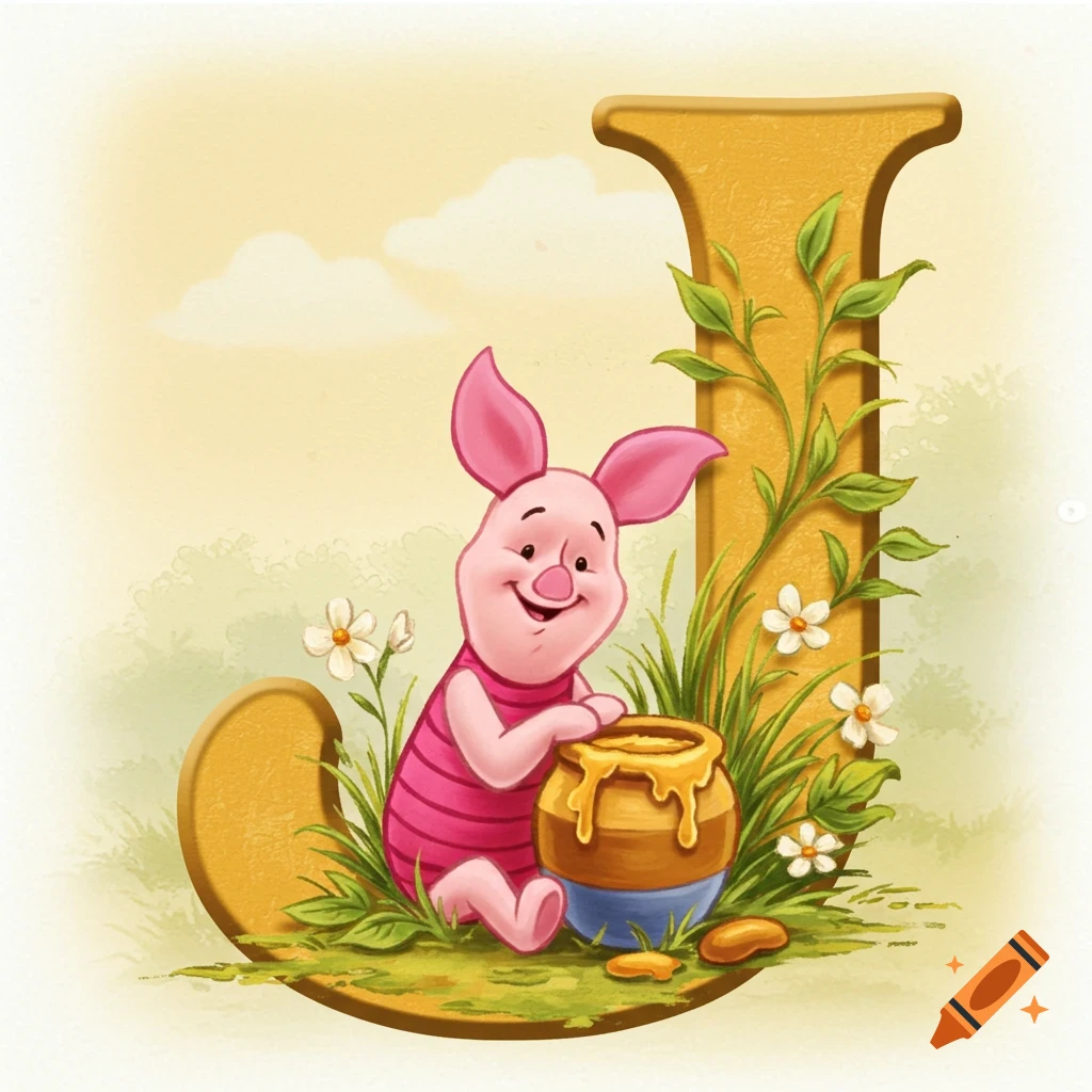 Piglet sitting next to a honey pot with the letter J, surrounded by grass and flowers, in a cheerful cartoon style.