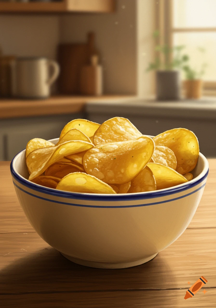 A bowl of golden potato chips rests on a wooden table in a blurred kitchen background, illustrated in a digital painting style.