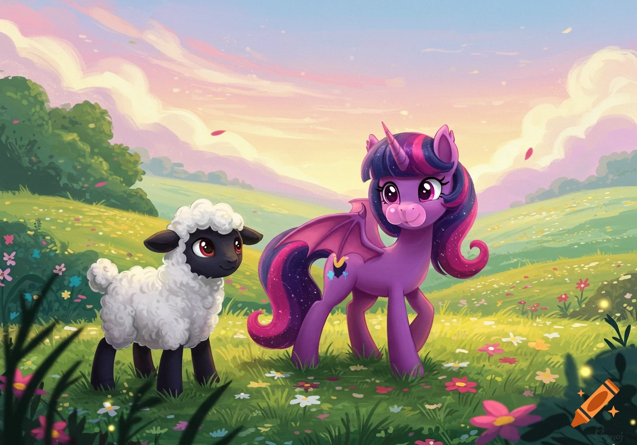 A purple bat pony and a black-faced lamb stand in a colorful, flower-filled green meadow under a vibrant sky, in a cartoon style.