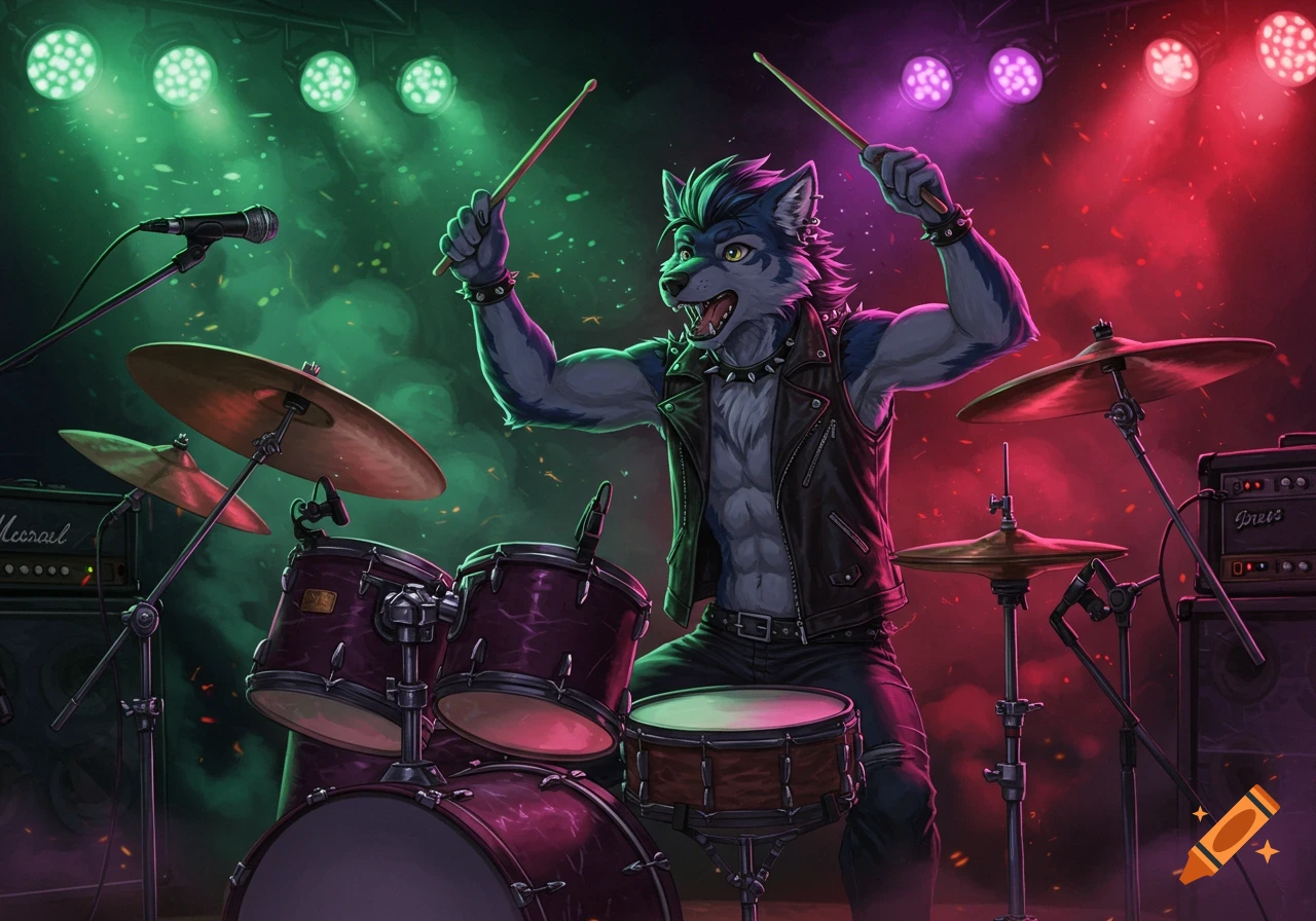 A muscular, blue-furred wolf-like creature with a mohawk and leather vest plays drums on a stage with green and red lights.