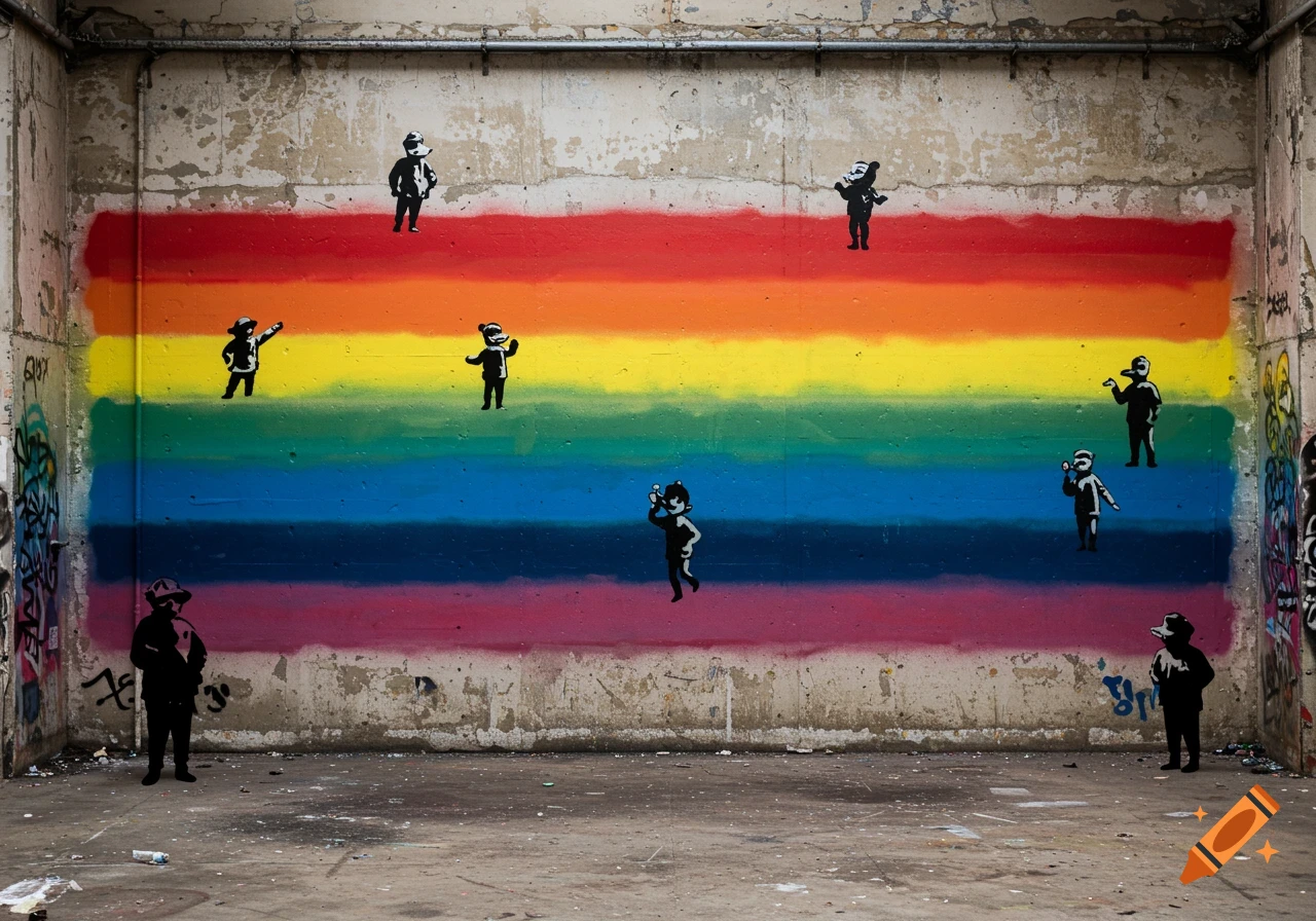An old, derelict room with a large rainbow-colored stripe painted on a concrete wall, adorned with several black stencil figures in the style of Banksy.