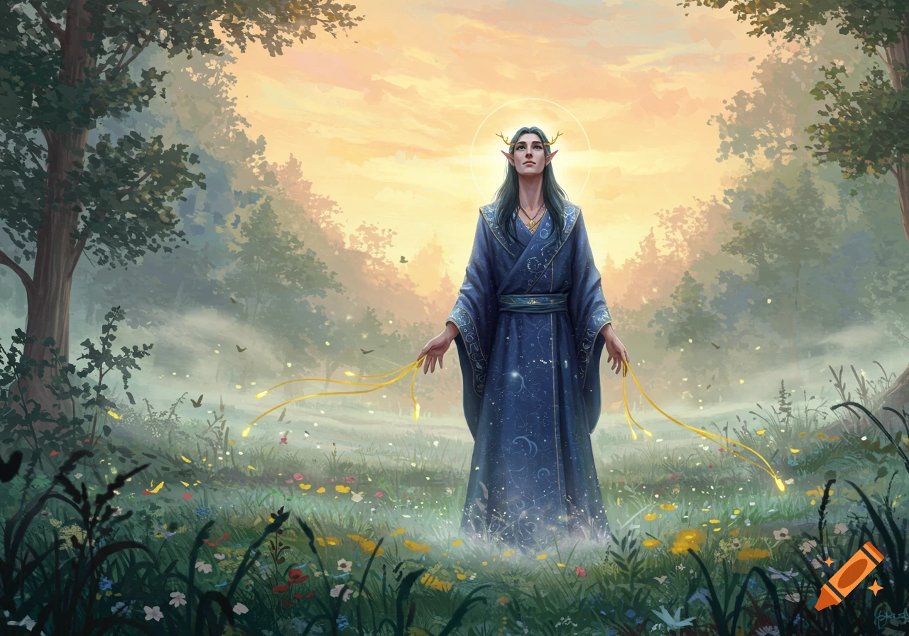 A serene elf-like figure in a blue robe stands in a misty forest, holding glowing ribbons, bathed in golden sunset light.