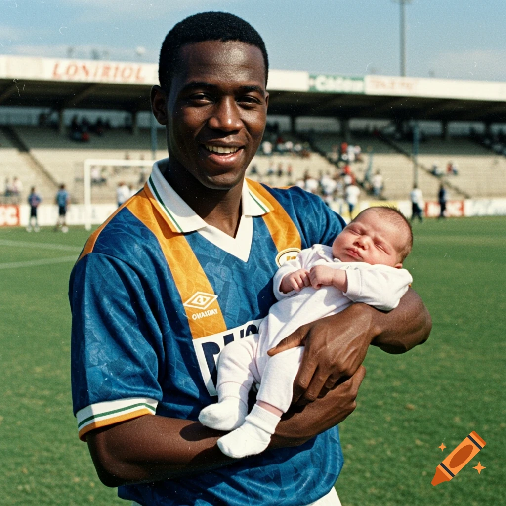 A smiling man in a soccer uniform holds a sleeping baby on a sunny soccer field with stadium stands in the background.