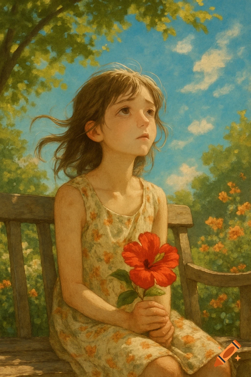 A young girl sits on a bench holding a red flower, looking up thoughtfully, under a tree with a blue sky in an artistic style.