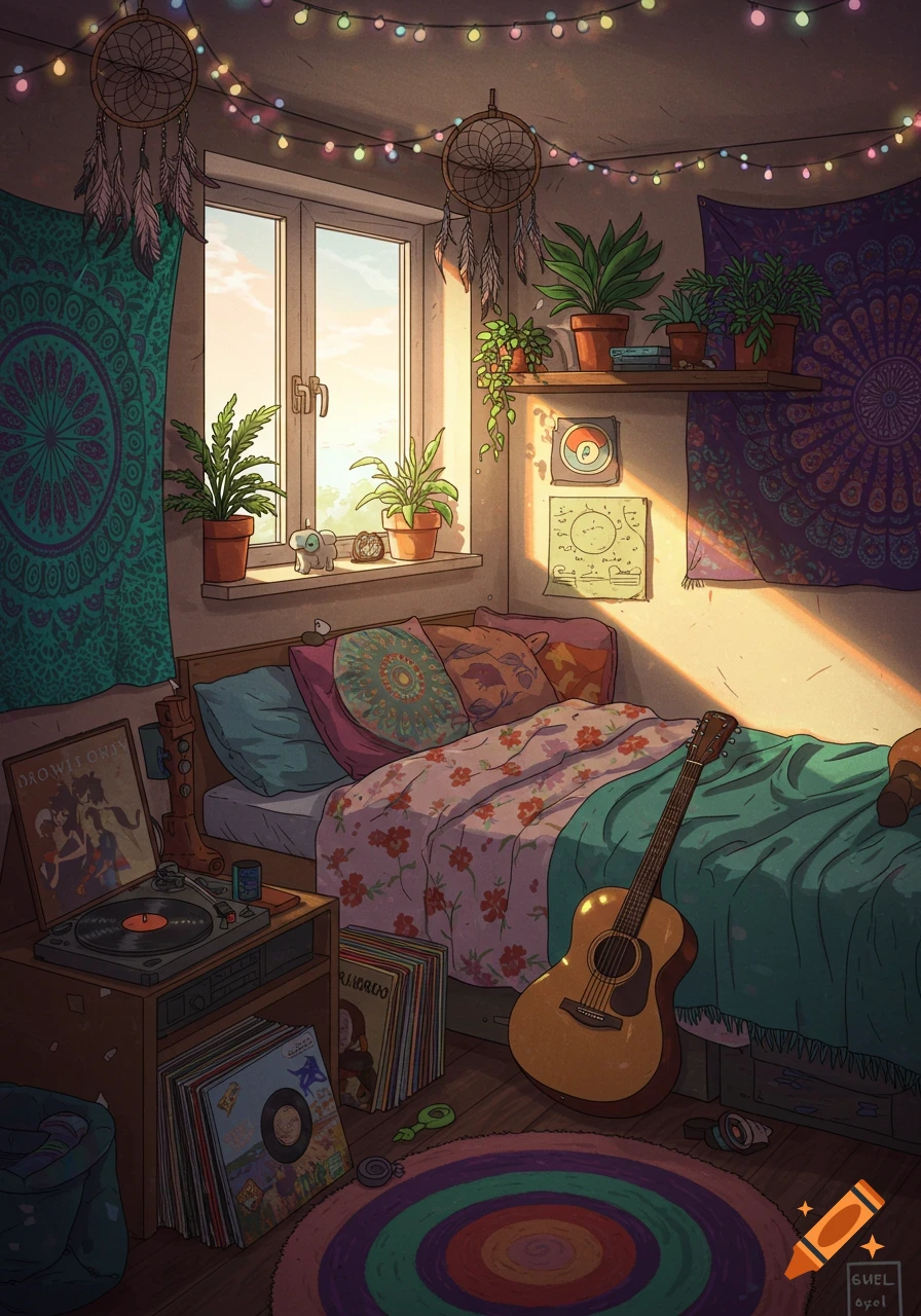 Cozy, warmly lit bohemian bedroom with plants, dreamcatchers, a bed, a guitar, and a record player in an anime style.