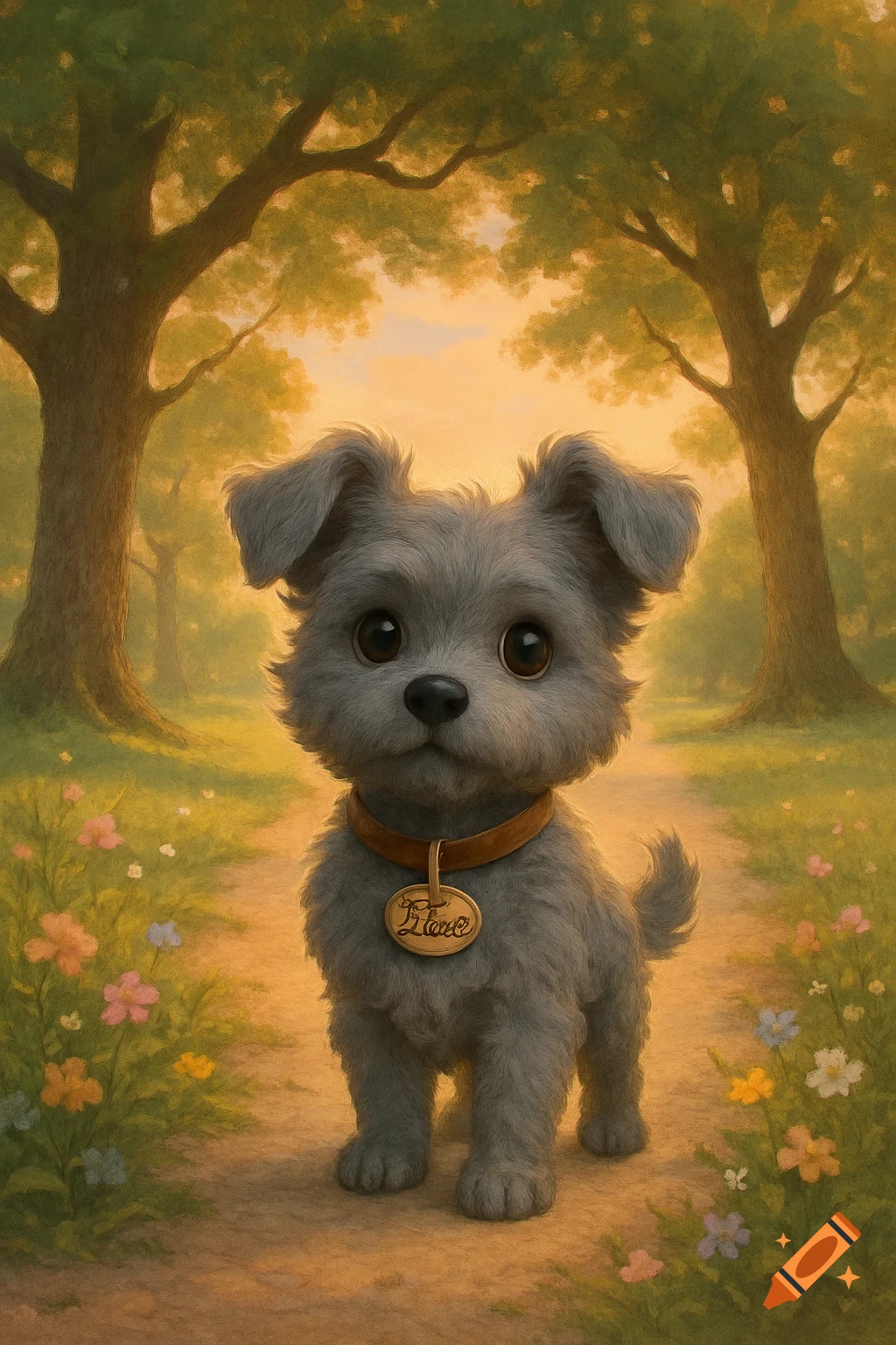A cute grey puppy with big eyes and a collar stands on a dirt path surrounded by trees and colorful flowers in a soft, painterly style.
