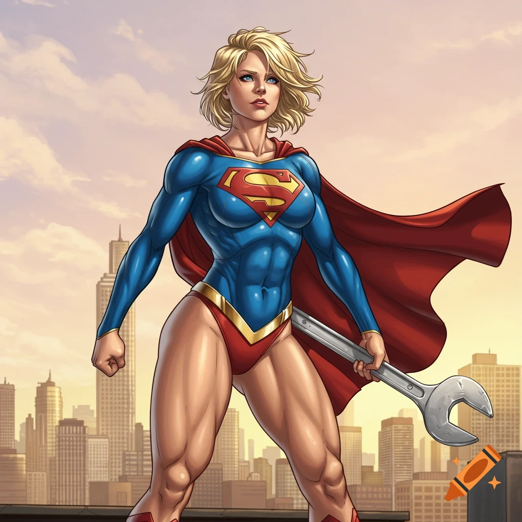 A muscular blonde female superhero in a blue and red suit with a red cape holds a large wrench, standing on a rooftop overlooking a city in comic art style.