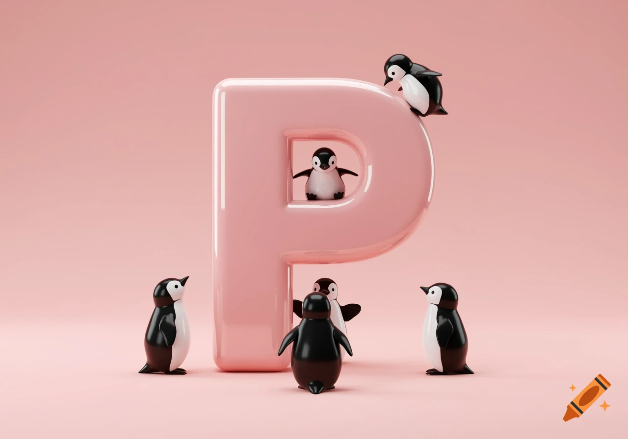 A large, glossy pink letter P with several cartoonish penguins around it on a pink background, 3D render style.