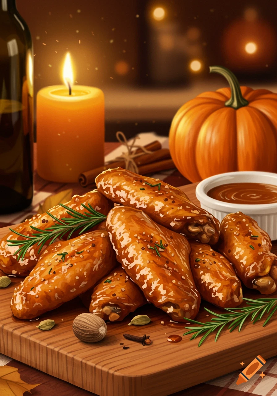 Glazed chicken wings with rosemary on a wooden board, with a lit candle, pumpkin, and spices in a warm autumn setting.