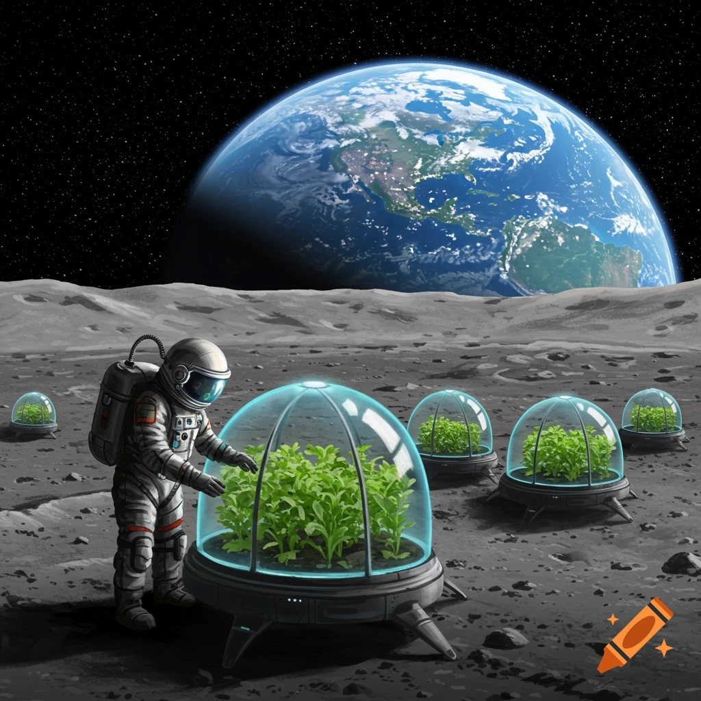 Astronaut tending plants in glass domes on the moon, with a large Earth in the background, digital art.