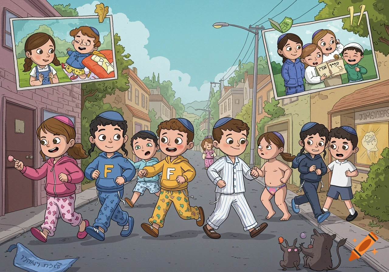 Cartoon of children, some in pajamas and some in bathing suits, running down a street in a neighborhood, with two framed pictures above them.
