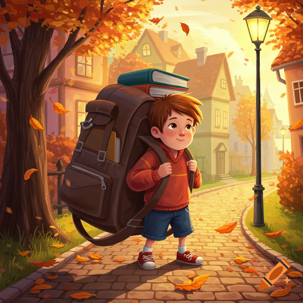 A cheerful cartoon boy with an enormous backpack walks down an autumn street lined with houses and fall leaves.