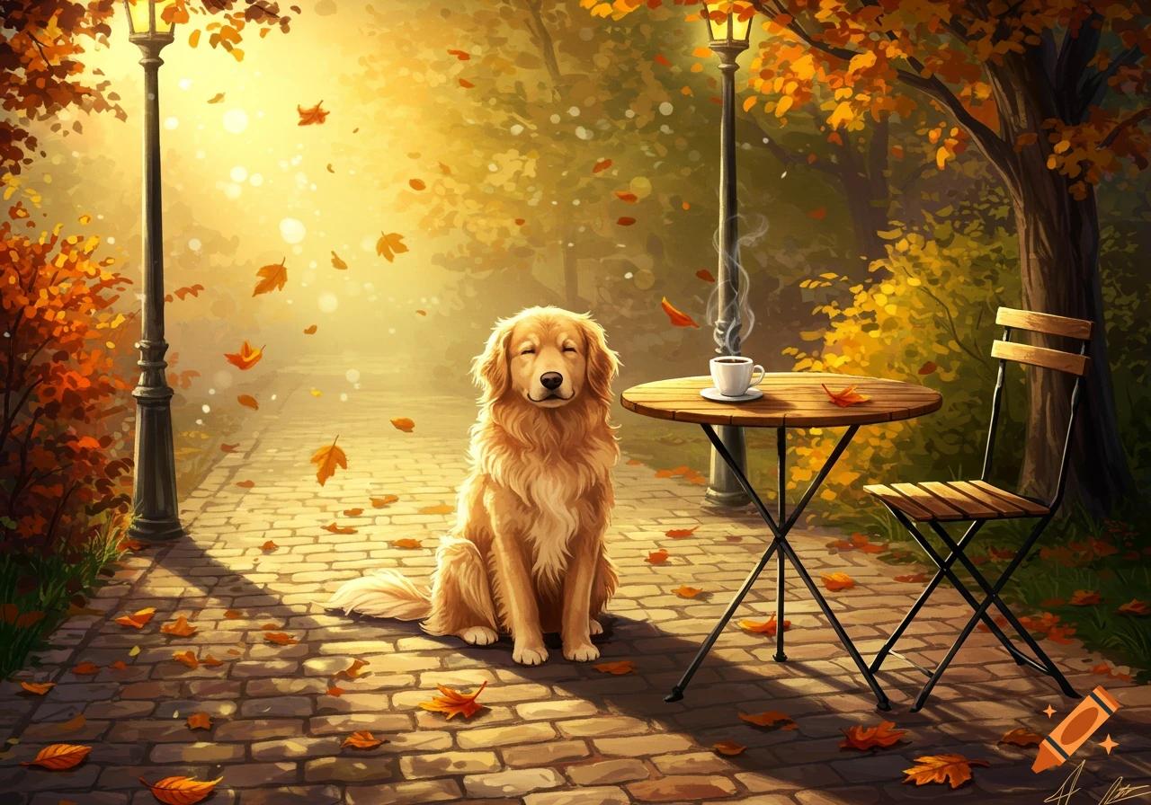 A painting of a happy Golden Retriever sitting next to a coffee table on a brick path in an autumn park with falling leaves.