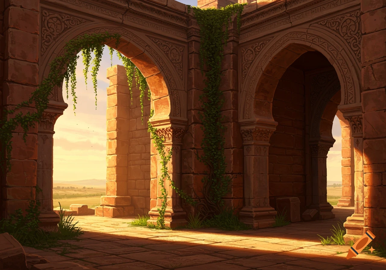 Arches of ancient, sunlit masonry ruins with climbing green vines overlook a vast, hazy landscape under a golden sky.
