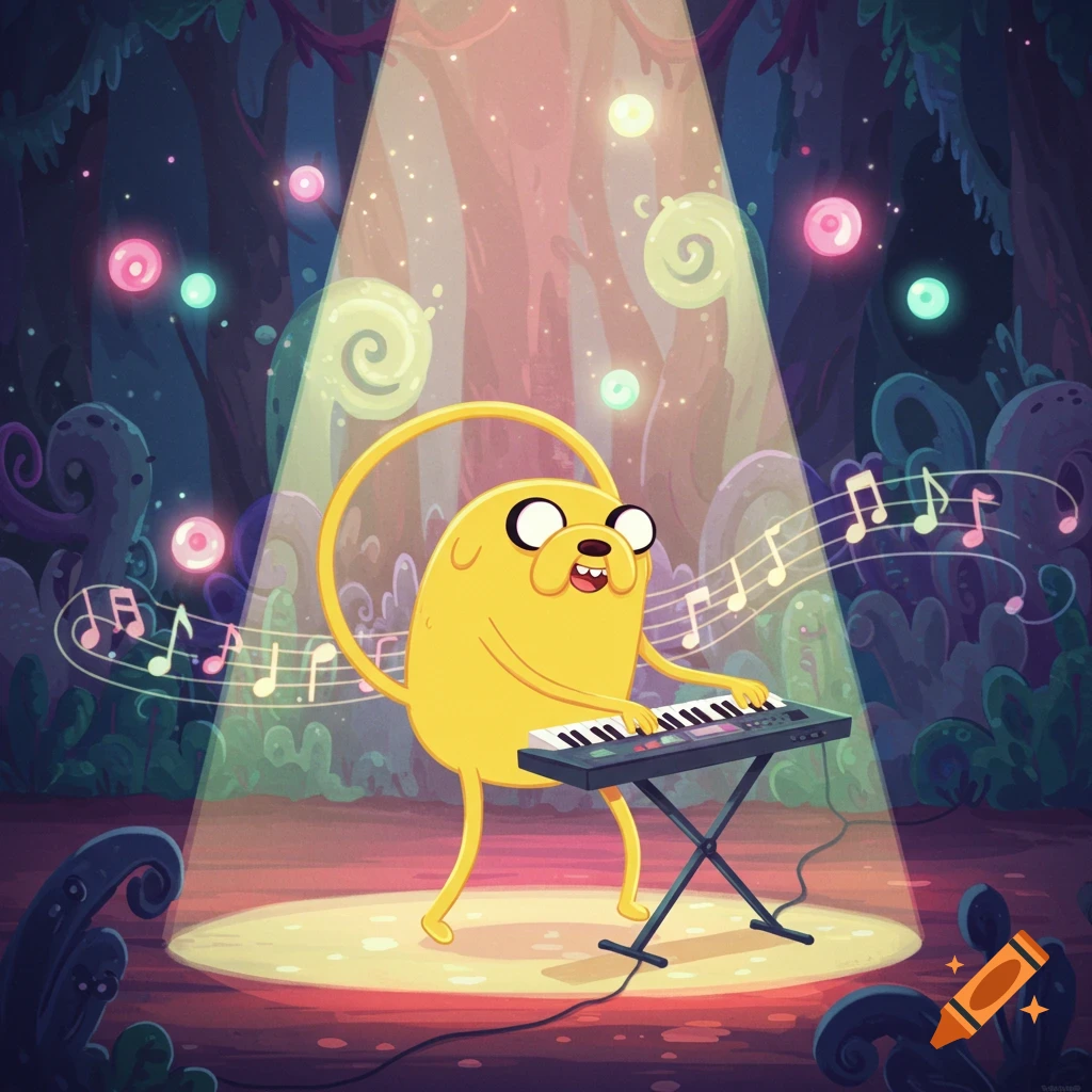 Jake the dog from Adventure Time plays a keyboard on stage in a colorful, stylized forest under a spotlight.