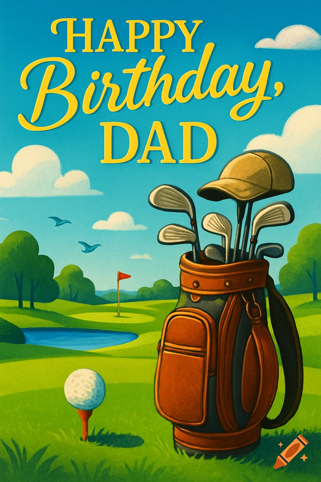 Stylized illustration of a golf course with a golf bag, a golf ball on a tee, and the text "Happy Birthday, Dad" under a blue sky.