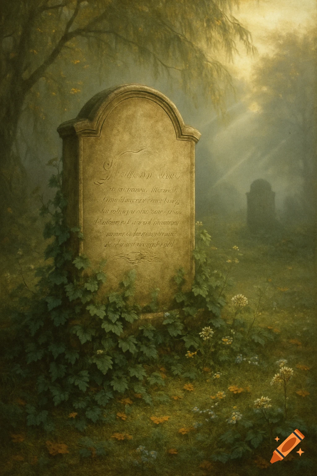 An old, ivy-covered gravestone stands in a misty, overgrown cemetery with trees and sun rays filtering through.